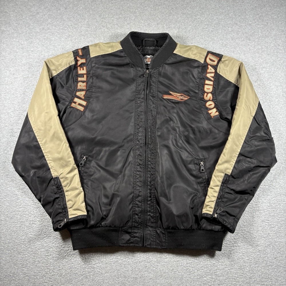 Harley Davidson Bomber Jacket L Black Beige Nylon Embroidered Biker Spellout Y2K